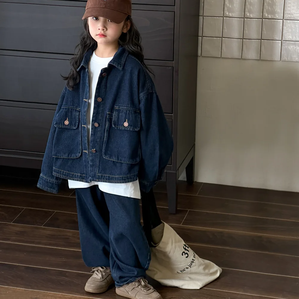 

Girls Denim Suit 2024 Autumn New Loose Casual Foreign Style Children Coat Straight Leg Pants Two-piece Set Korean Simple Style