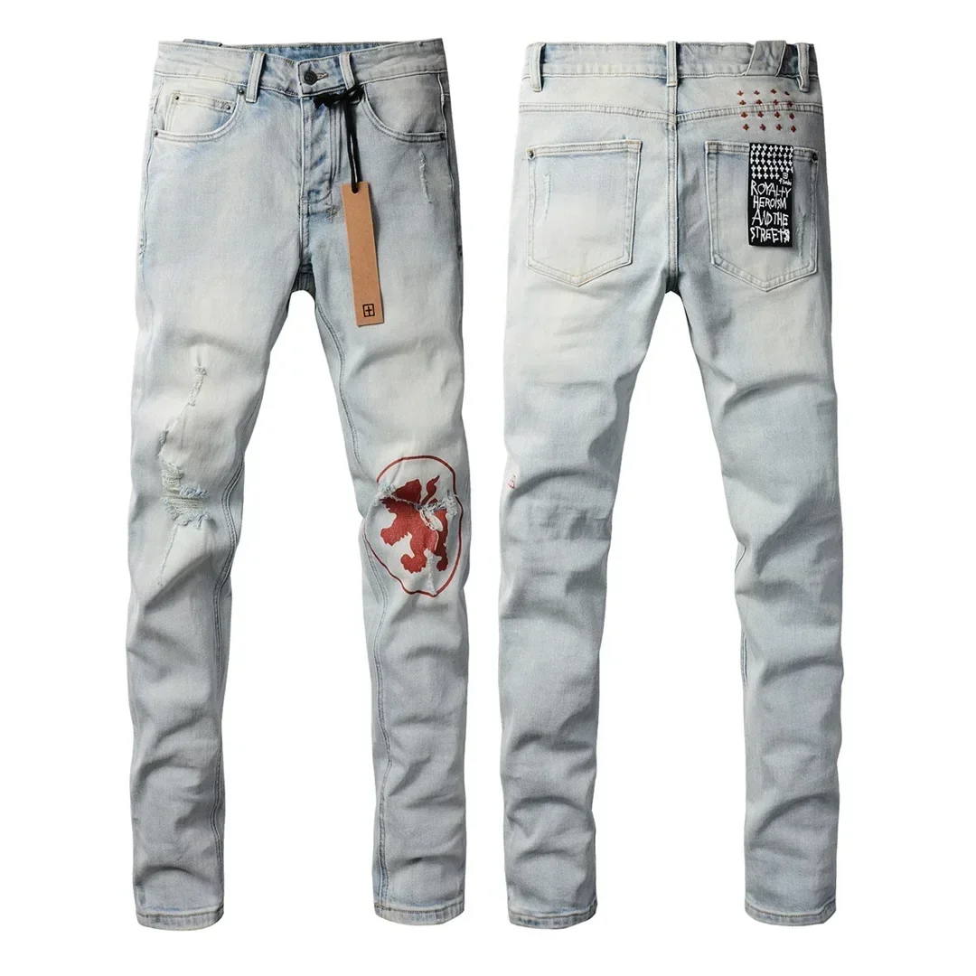 New Fashion KSUBI Cross Jeans Men American Light Blue Paint Hole Trend Low Rise Stretch Skinny Pleated Ripped Frayed Trousers