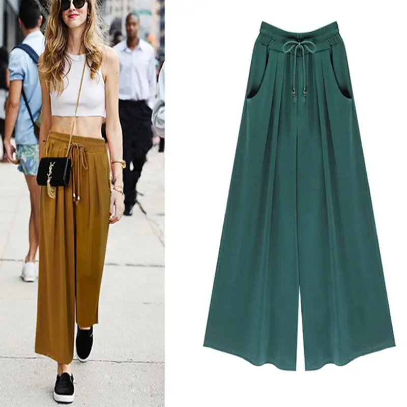 Summer new plus size women's casual wide-leg pants 6XL 7XL 8XL fashion loose pockets elastic waist cropped pants wide-leg pants.