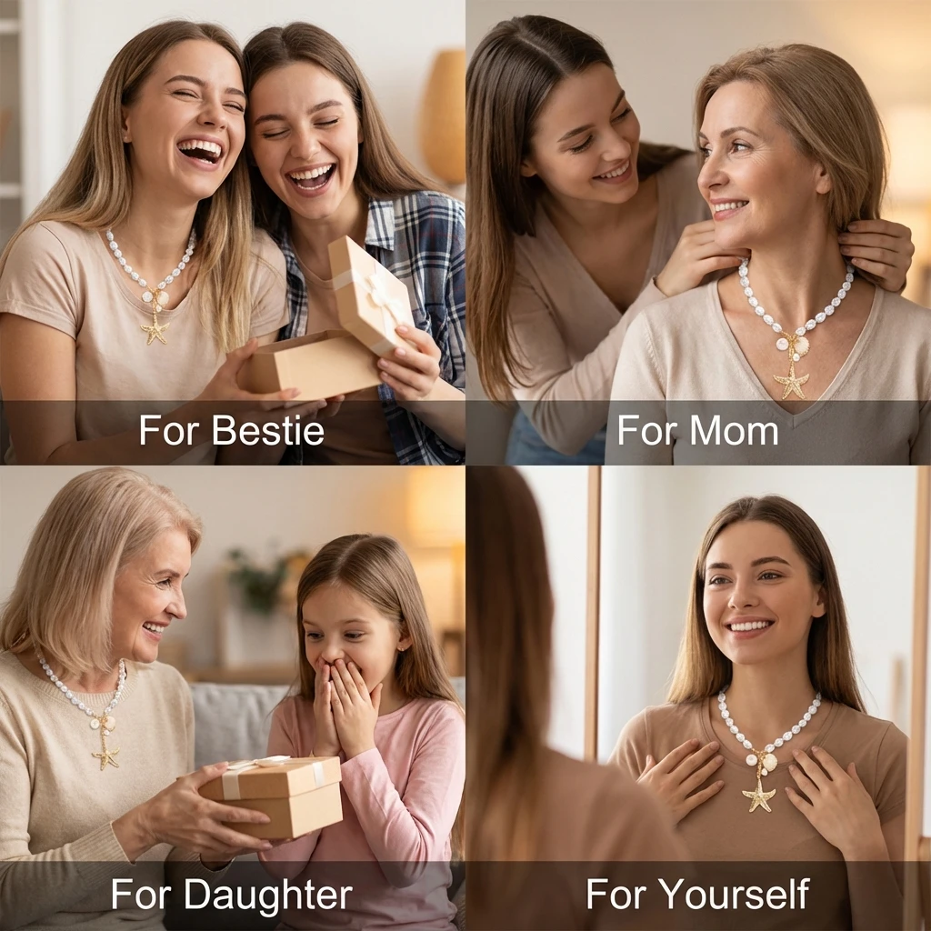 Modische Unregelmäßige Imitationsperlen-Muschelkette für Frauen, Übertriebener Metall-Seestern-Anhänger, Bohemian-Schmuck Geschenke – Detail 3