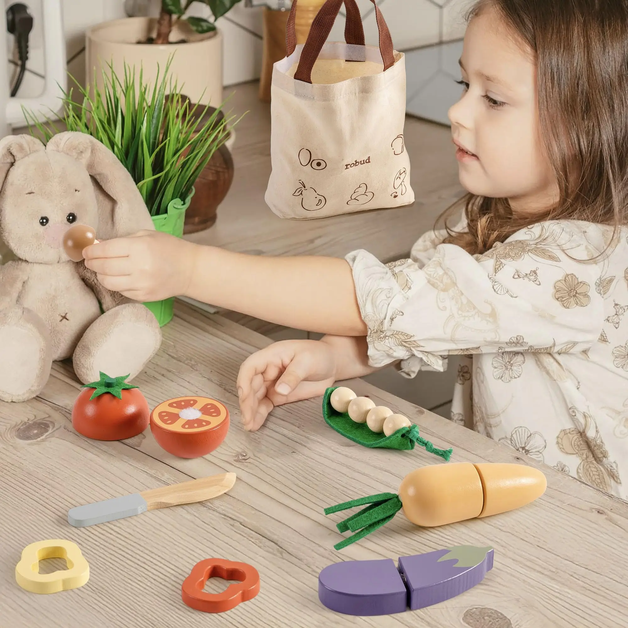 ROBUD Houten Fantasiespel Voedselset Snijspeelgoed Voedsel Spelen Keukenaccessoires Speelgoedvoedsel met opbergtas Speelgoedcadeaus voor meisjes Jongens