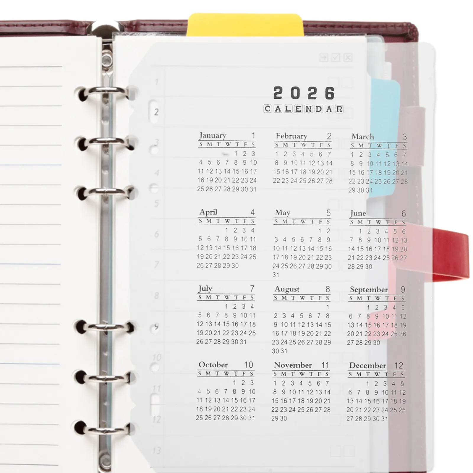 

4Pcs 2026 Frosted Plastic Calendar Dividers 6-Hole Refillable Binder Inserts A5 Planner Organizer Supplies Calendar Refills Date