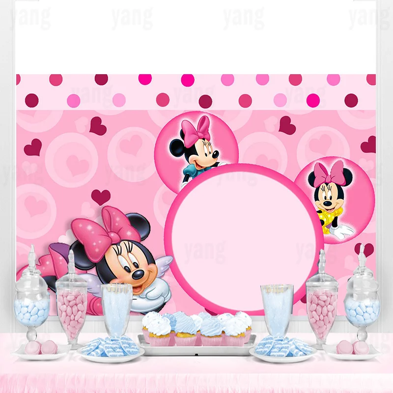 Фон для фотосъемки с изображением розовых горошек, Микки и Минни Маус