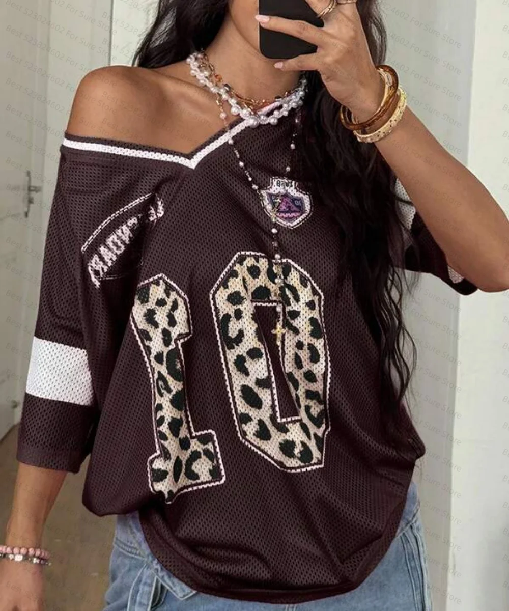 Y2K 2000er Off-Shoulder Mesh Jersey Tops Damen Lässige Lockere Kurzarm-T-Shirts mit Schriftzug Vintage Streetwear Sexy Sport-Tops – Detail 4