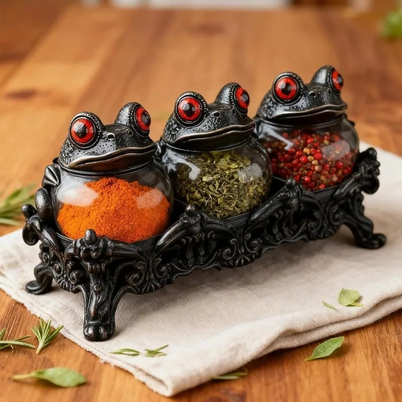 

Frog Shaped 3pcs Spice Jars Set with Decorative Rack Seasoning Containers for Kitchen Spice Storage Organizer Spices Countertop