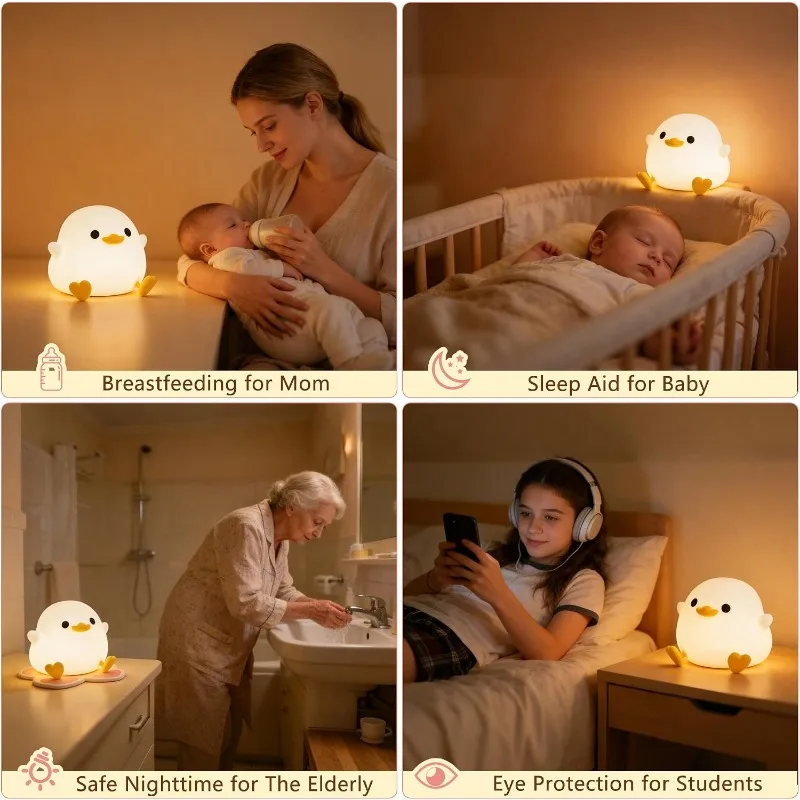 Duck Night Light Silicone Bedside Light Dimmable 30min Timer Rechargeable Touch Table Lamp for Bedrooms Living Room Decor