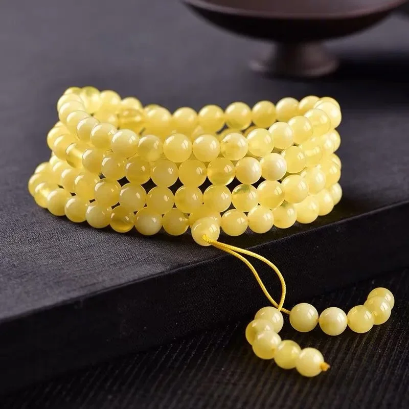 

Beeswax Bracelet 108 Buddha Beads, Chicken Oil Yellow Amber Round Beads Bracelet, Men's and Women's Necklaces, Multiple Circles.