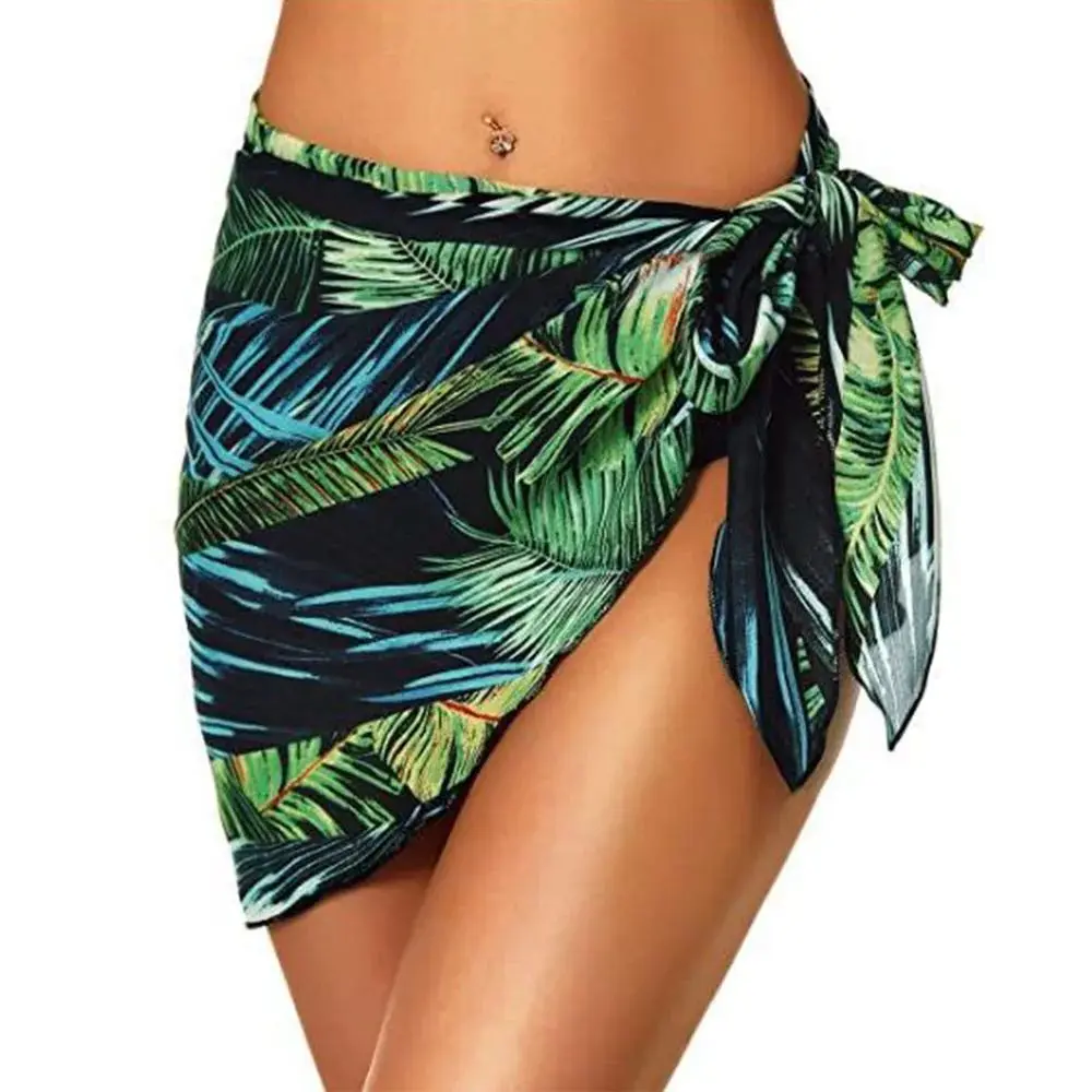 Conjunto de coberturas femininas envoltório de biquíni de verão, estampa sarongs curtos, saia curta de praia, lenço chiffon, capas para banho