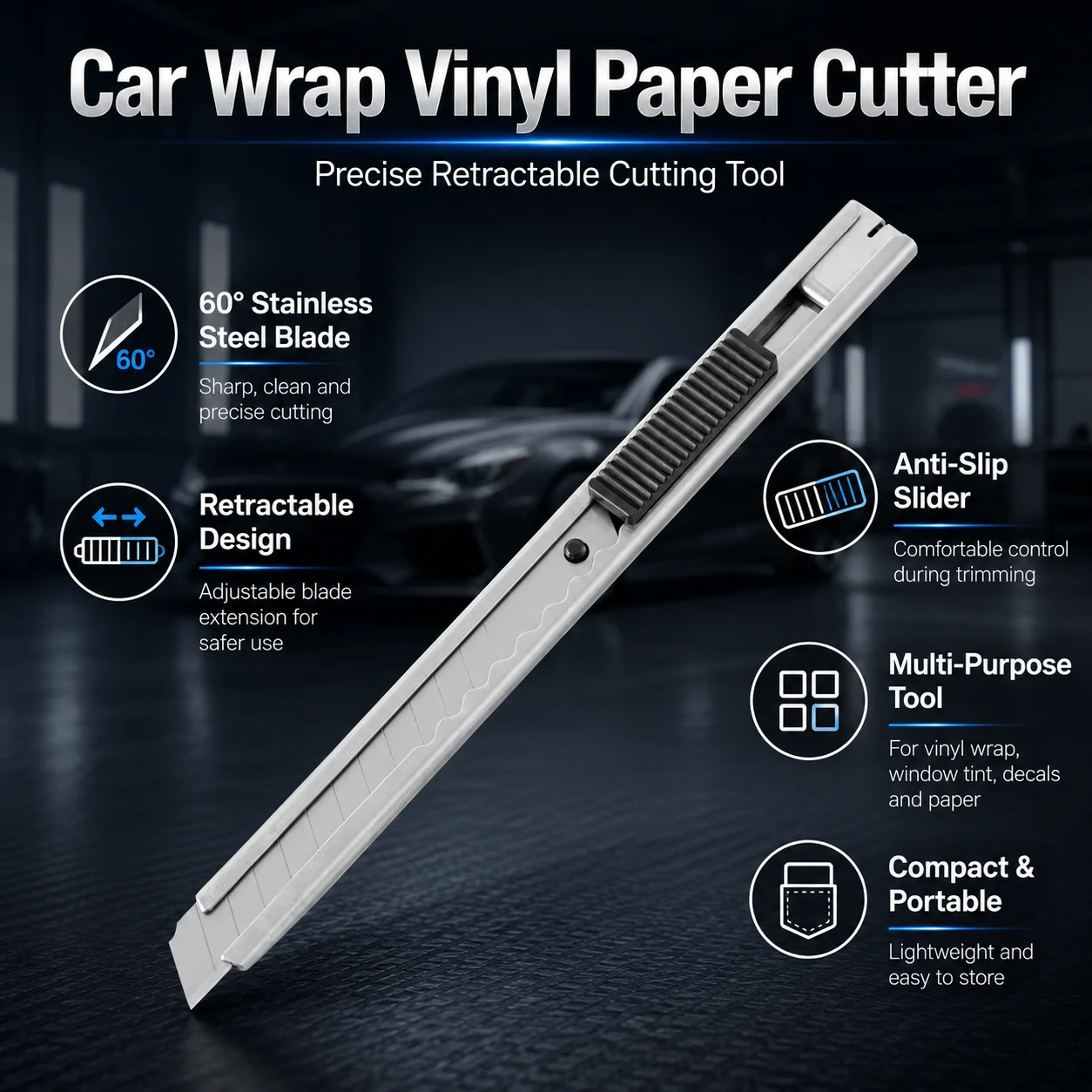 Car Wrap Tool 60 Degree Stainless Steel Snap Off Utility Knife for PPF Vinyl Wrap Window Tint Sticker Film Precision Cutting