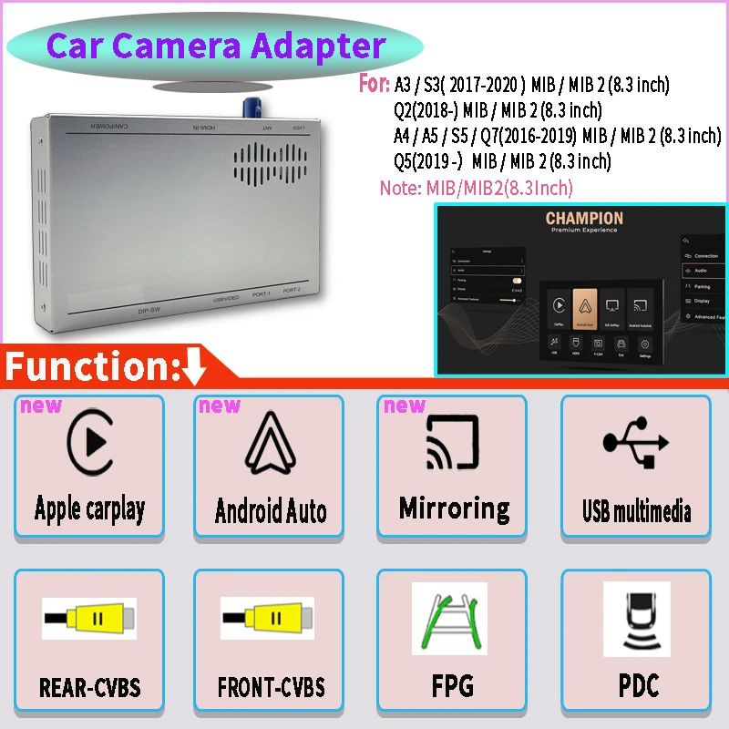 Wireless CarPlay Android Auto Car Camera Adapter OEM Retrofit Interface For A3 S3 A4 A5 S5 Q7 Q5 Q2 (MIB/MIB2(8.3inch