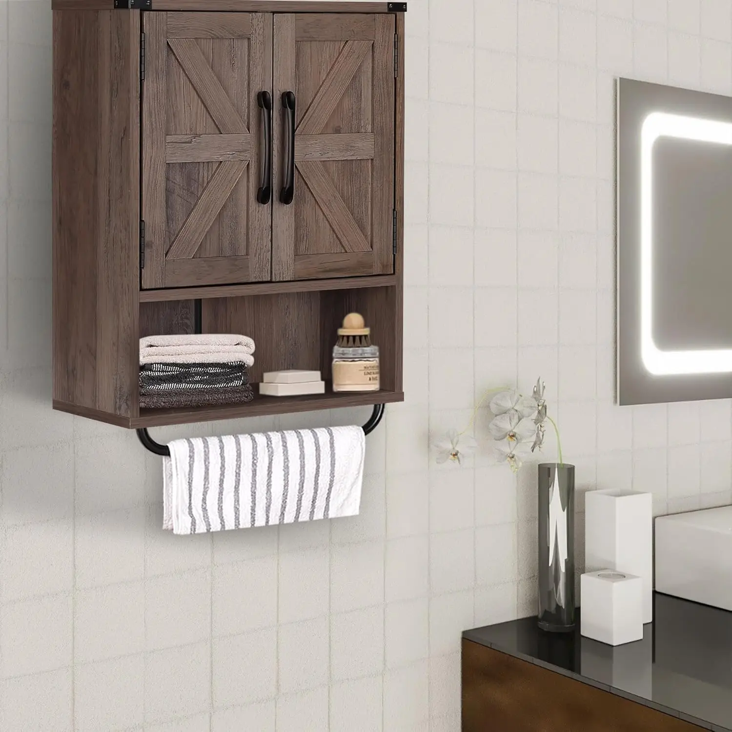 Farmhouse Wall Storage Cabinet with Two Barn Door, Rustic Mounted Medicine Cabinet with Adjustable Shelf and Towel Bar