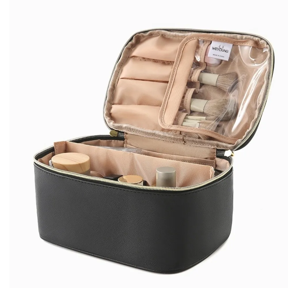 Fashion Large Capacity PU Makeup Bag Waterproof PU Cosmetic Bag With Handle Divider Handheld Women Toiletry Bag Toiletry Storage