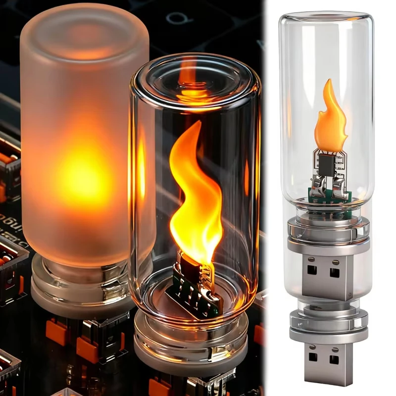 USB Flame Flickering LED Frosted Clear Glass Candle Night Light Simulated Flame for Car Home Room Laptop PC Festival Decoration