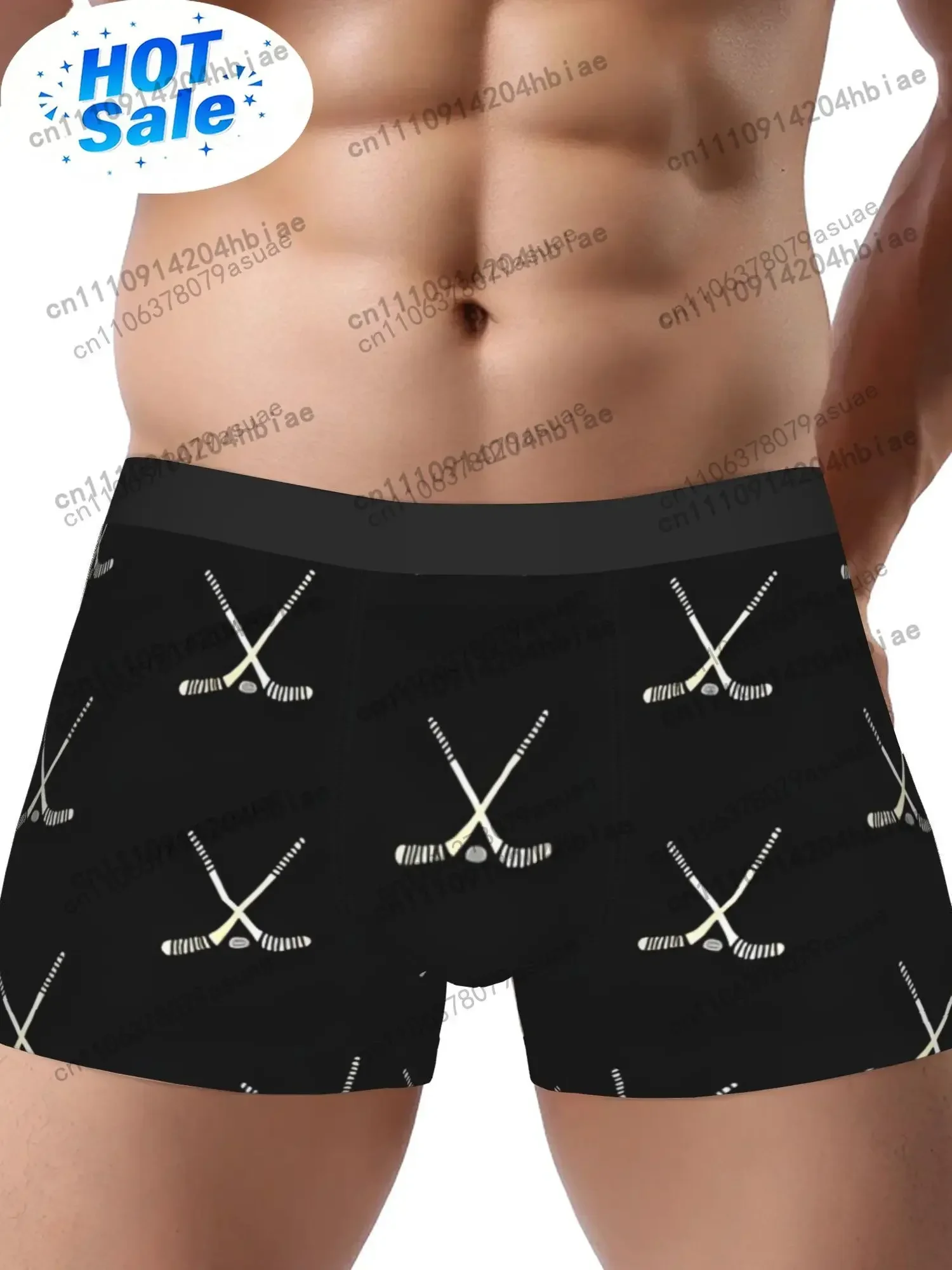 1pc Men'S Hockey Stick Print Boxer BriefsBreathable Underwear with Crossed Hockey Sticks Design White Athletic Style Black