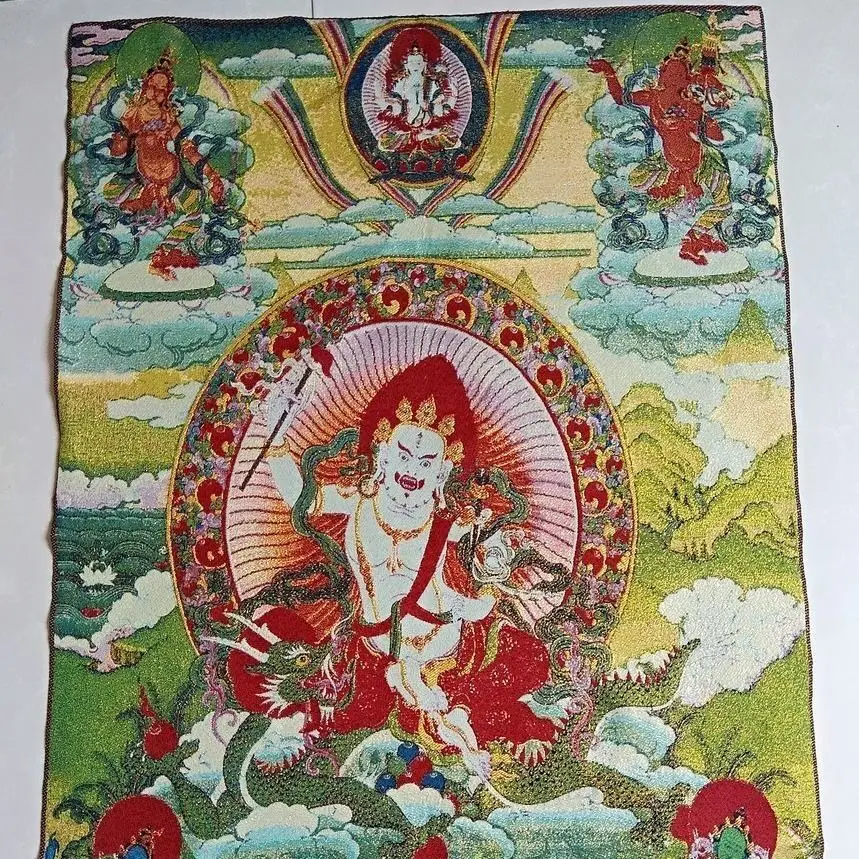 Tibetan Thangka White Jambhala Embroidered Wall Art Buddhist Protector 90x60cm