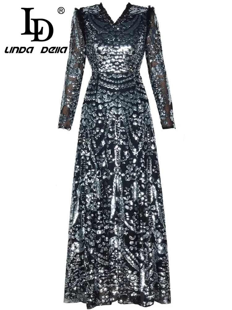 LD LINDA DELLA فساتين راقية صيفية للنساء برقبة على شكل حرف v وأكمام طويلة وخصر عالٍ فساتين ضيقة شبكية ترتر