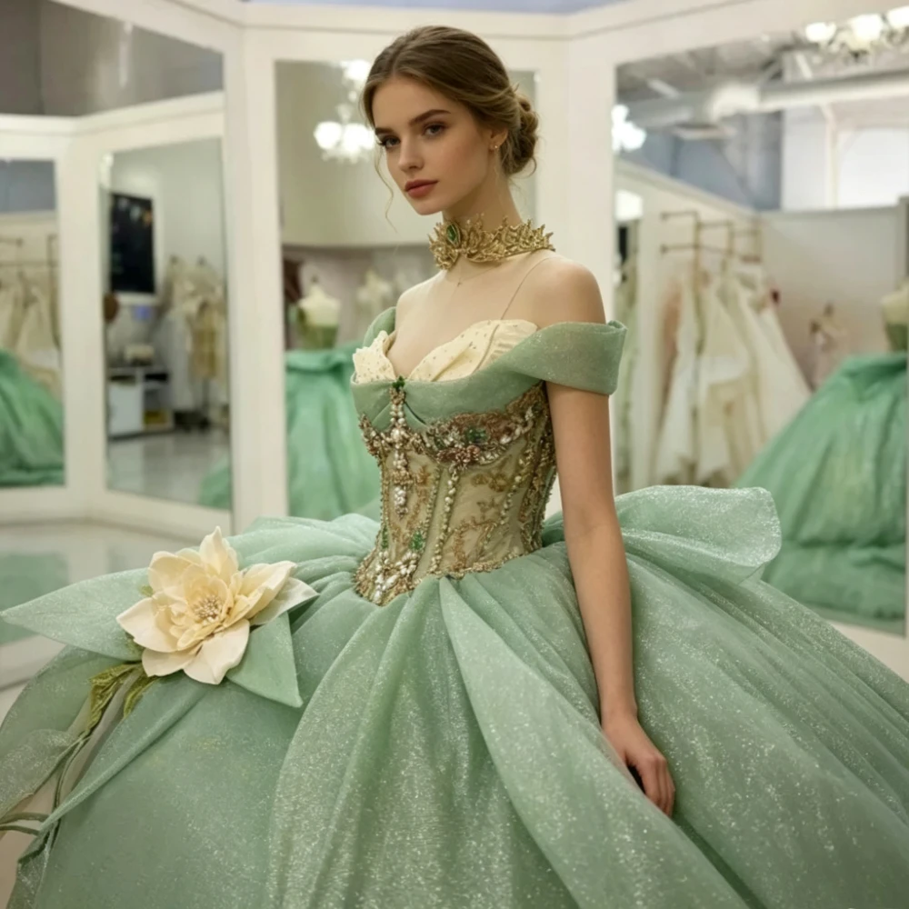 Customized 2026 Green Quinceanera Ball Gown Off Lace Up Beaded Ruched Elegant Women Prom Birthday Party Dress Vestidos