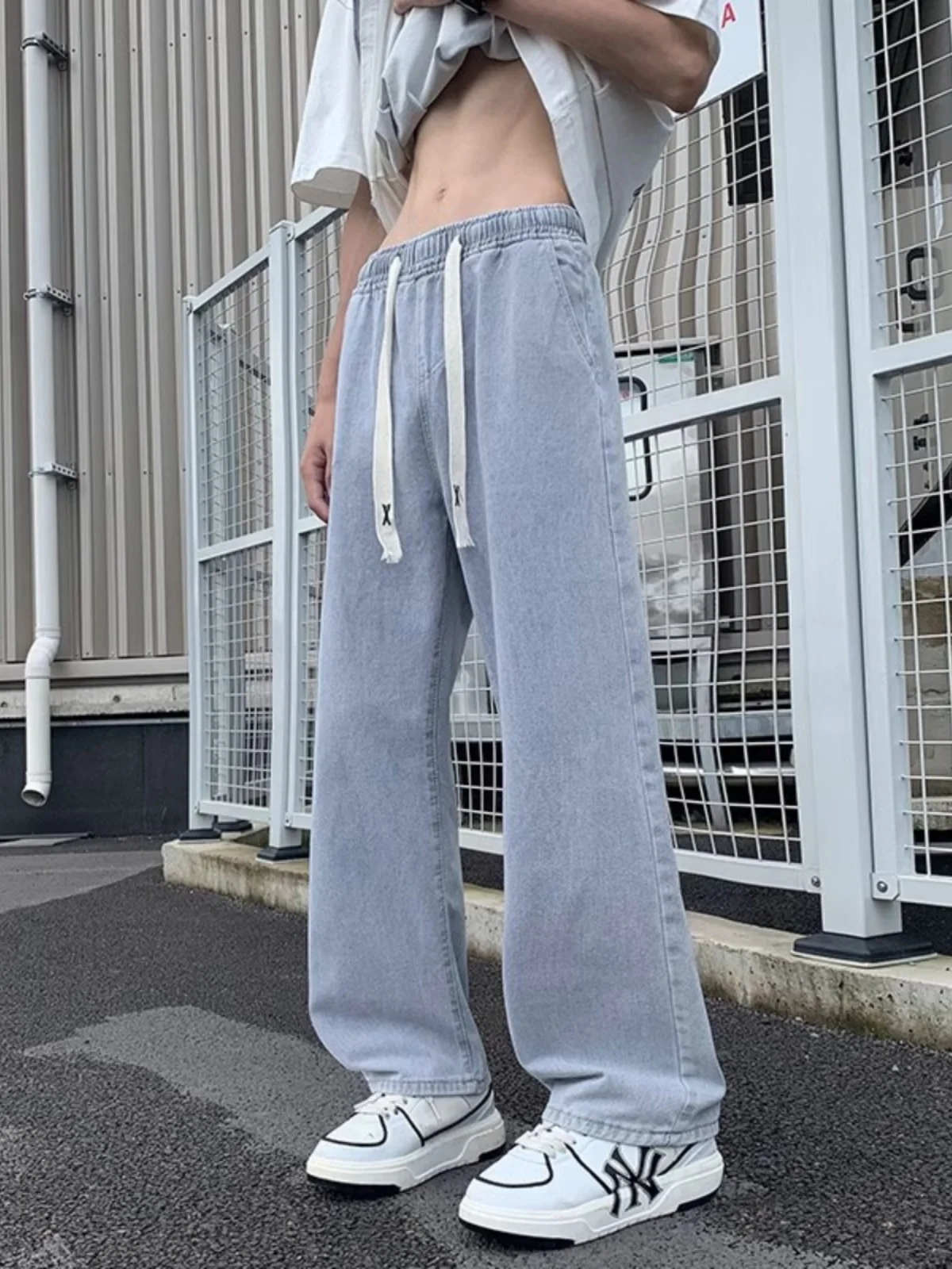 

Light Wa American High Street Men's Summer Thin Hiphop Dstring Elastic Waist Straight Loose Wide Leg Long Jeans