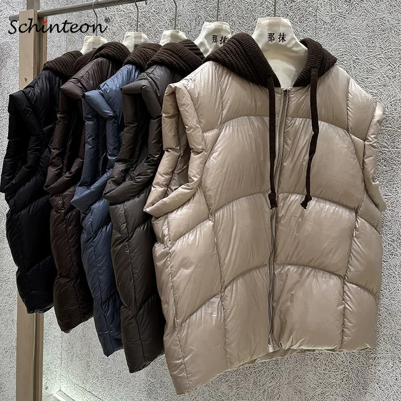 Schinteon Women White Duck Down Vest Knitted Hood Patchwork Casual Loose Sleeveless Jacket Autumn Winter Top Gielt 2026 New