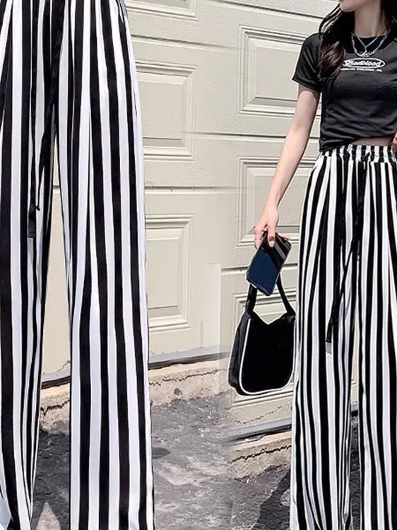 特大サイズ レディース カジュアル ハイウエスト ルーズ アイスシルク ワイドレッグパンツ ストライプ柄 夏 着痩せ 快適 ストレートカット トロ...