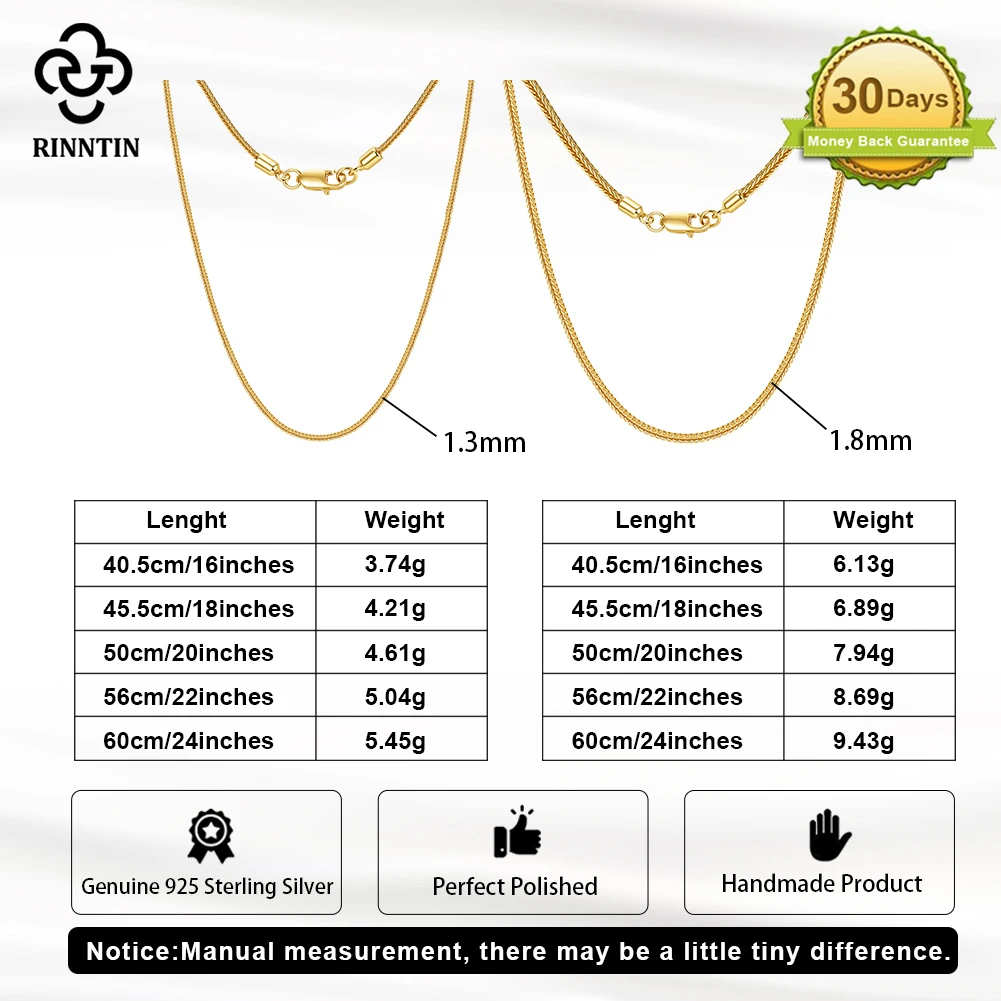 Rinntin 925 Sterling Silver Italian Handmade 1.3/1.8mm Foxtail Chain Necklace for Women Fashion Basic Neck Chain Jewelry SC93