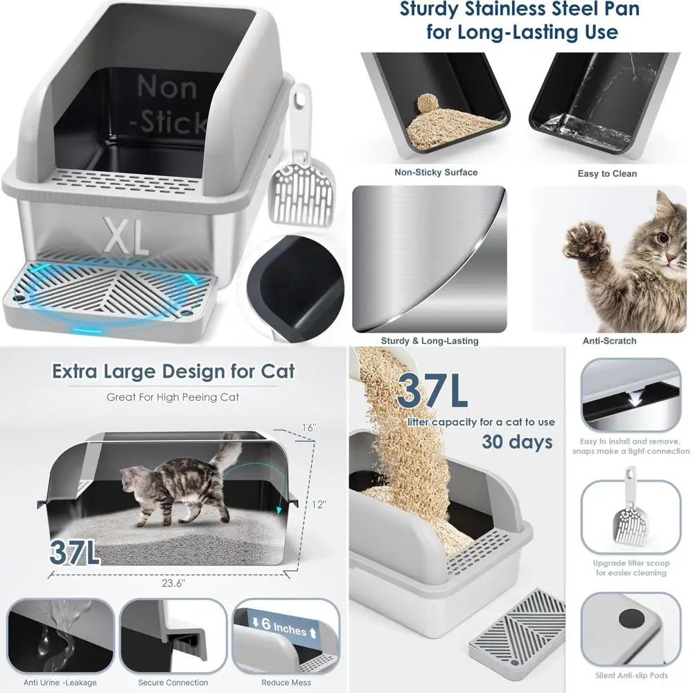 

Extra Large Non-Stick Stainless Steel Cat Litter Box with Lid and High Walls for Easy Cleaning and Big Cats