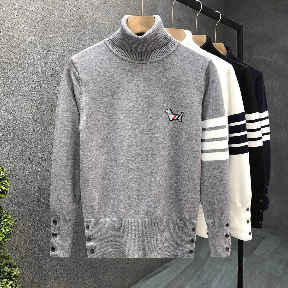 High Quality Sweater Men's Original Brand Stripe Fashion Boutique Cute Dog Embossed Autumn Winter Warm Casual Knitted Pullover