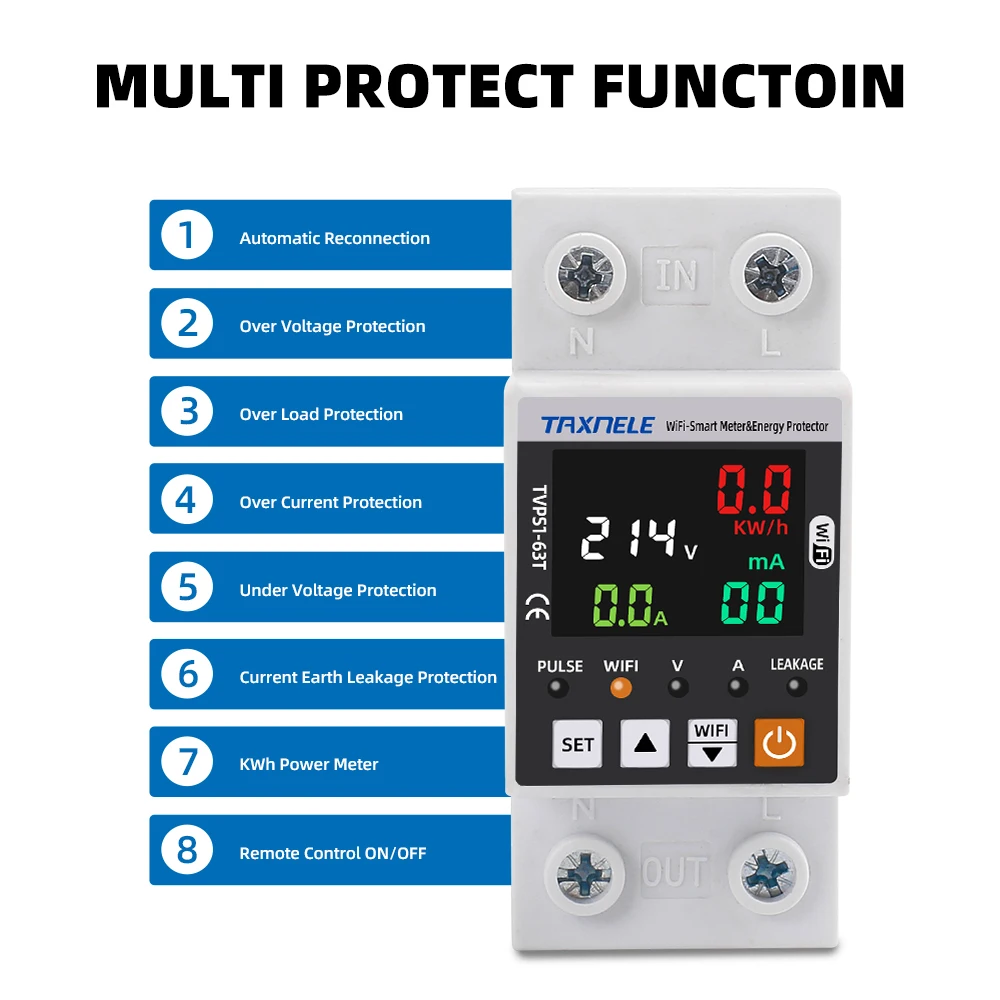 63A TUYA WiFi Smart Earth Leakage Over Under Voltage Protector Relay Device Switch Breaker Energy Power kWh Meter Smart Life