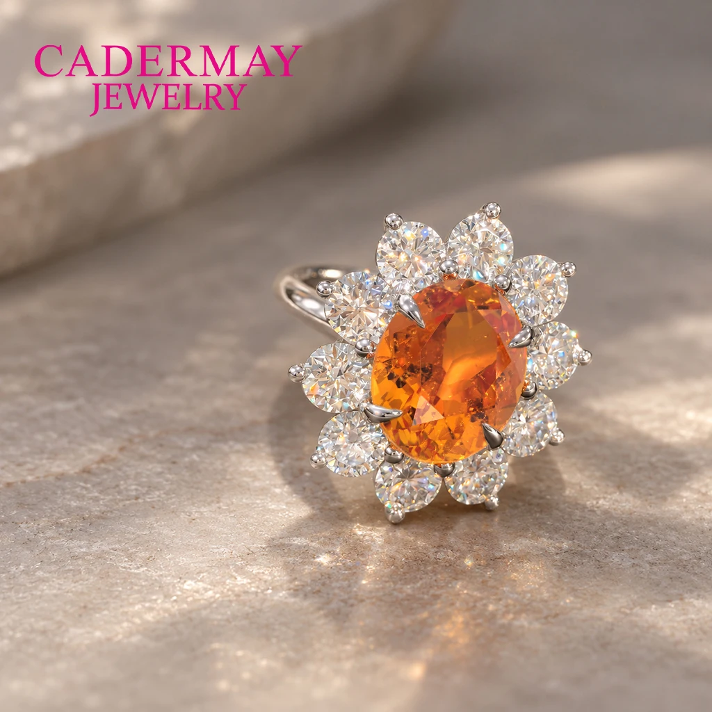 Cadermay 925 Silver 10x12mm Oval Shape Lab Grown Fanta Sapphire Halo Moissanite Ring Wedding Engagement Promise Rings Women Gift