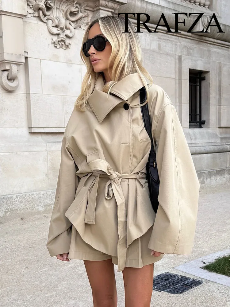 

TRAFZA Women High Street Short Coat Lapel Wear Belt Single-breasted Women Autumn Fashion Pockets Long Sleeves Solid Jackets