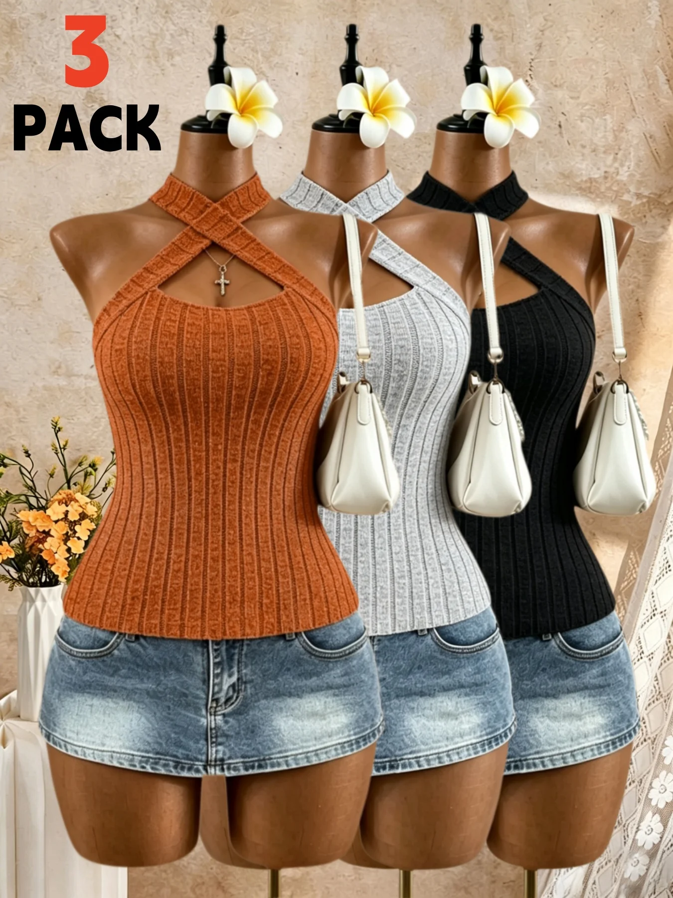 Women 3‑Pack Criss Cross Halter Neck Ribbed Knit Cami Top Sleeveless Slim Fit Cutout Front Casual Daily Streetwear Y2K Fitted Kn