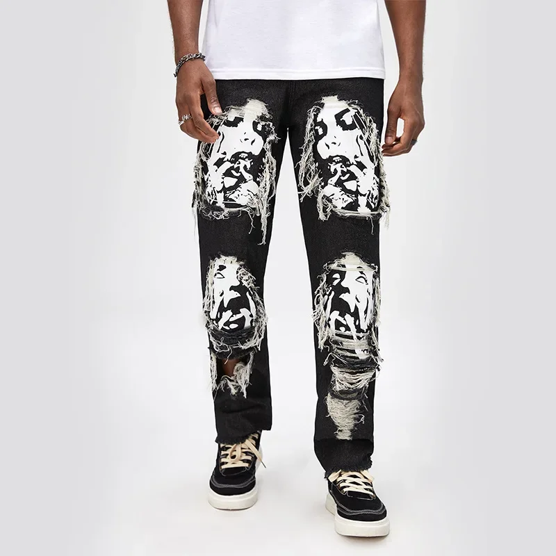 European and American New Style Digital Printed Skull Loose Straight-leg Whiskered Casual Trendy Brand Men's Large-size Jeans.