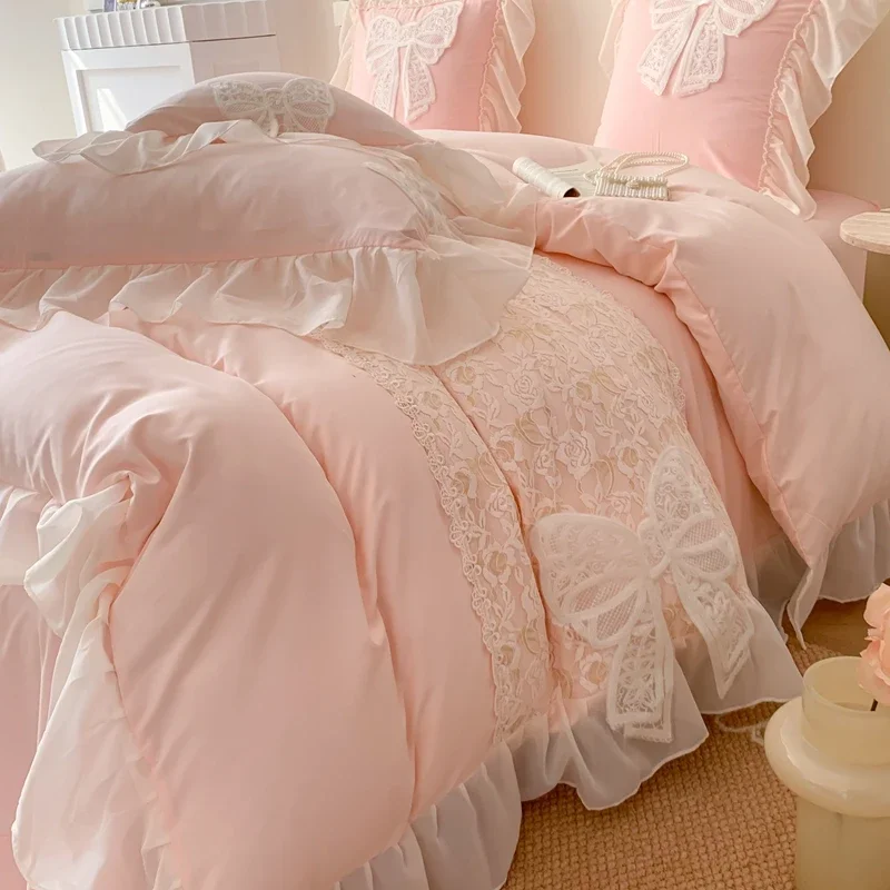 Korean Princess Wind Bedding Set Lace Bow Solid Color Beautiful Edge Lace Pleated Bedding Cover Luxury Girl Wedding Home Bed