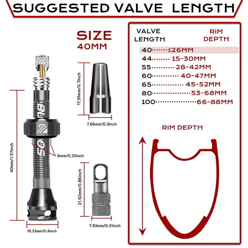 BUCKLOS 40mm Tubeless Bike Valves 44mm Road Bicycle Tubeless Presta Valves 60mm 80mm 100mm Aluminum Alloy F/V Valve Bike Parts