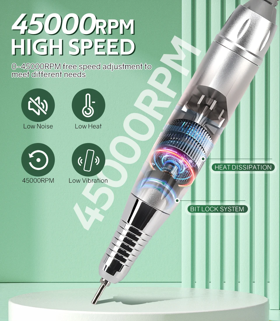 Zestaw frezarki do paznokci 45000 obr./min z wyświetlaczem LED, cicha elektryczna frezarka do manicure, akcesoria i narzędzia do paznokci.