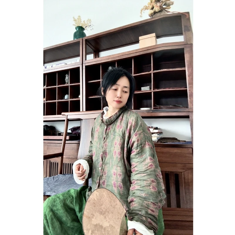 Ramie Long Sleeves Floral Printed ramie Thin Shirts and Top  Women 2025 Summer Autumn New Style Vintage Loose Cardigan Blouses