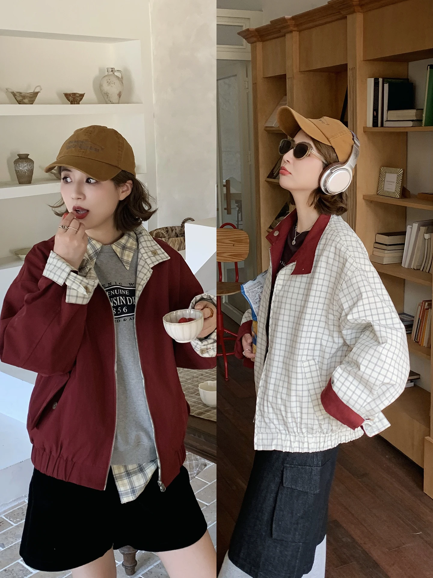 

ELINSU Vintage Plaid Double-Sided Wear Loose Casual Women's Jaet Spring Autumn Flip Collar Coat Ladies Faion Cotton Zipper