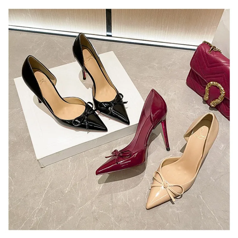 Bow naked color side empty sexy high heels for women, new spring and autumn pointed ultra-fine follow-up shoes