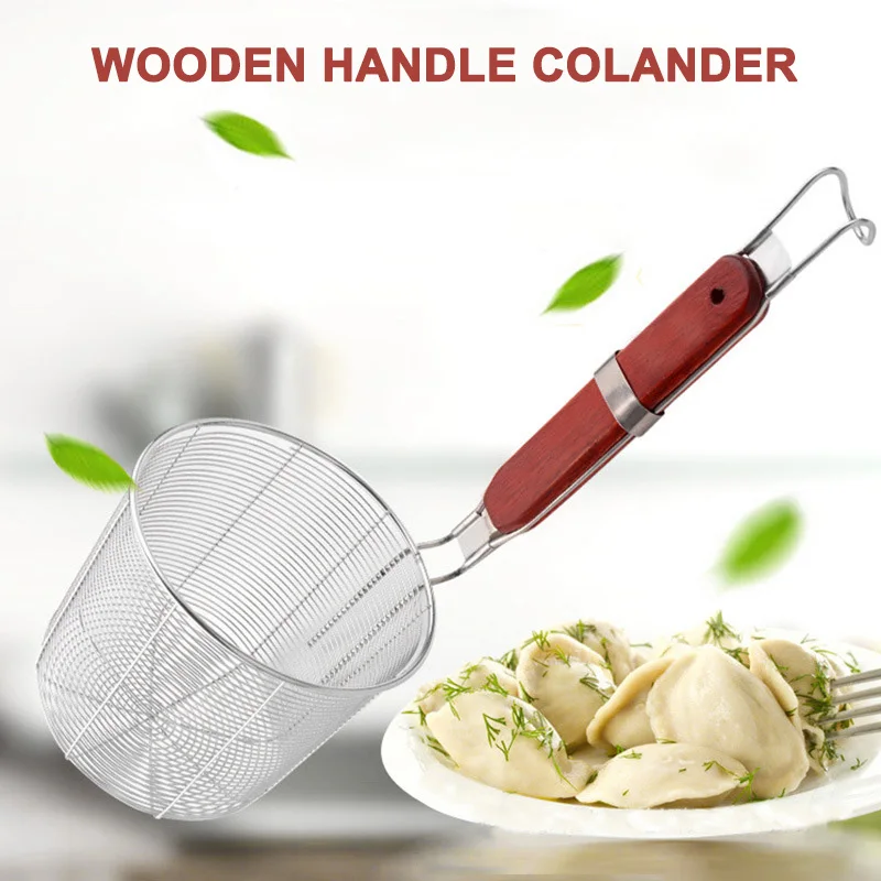 Wooden Handle Strainer Basket Stainless Steel Food Skimmer Kitchen Tool For Noodle Pasta Corrosion and Rust Resistant