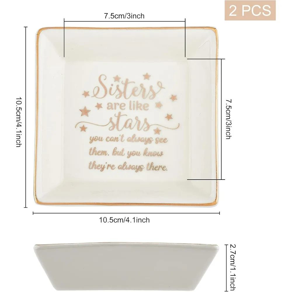 2 Pcs Porcelain Jewelry Plate with Golden Rim & Words (Sisters are Like Stars) 4 x 4 Inch Ceramic Ring Dish Decorative Trinket