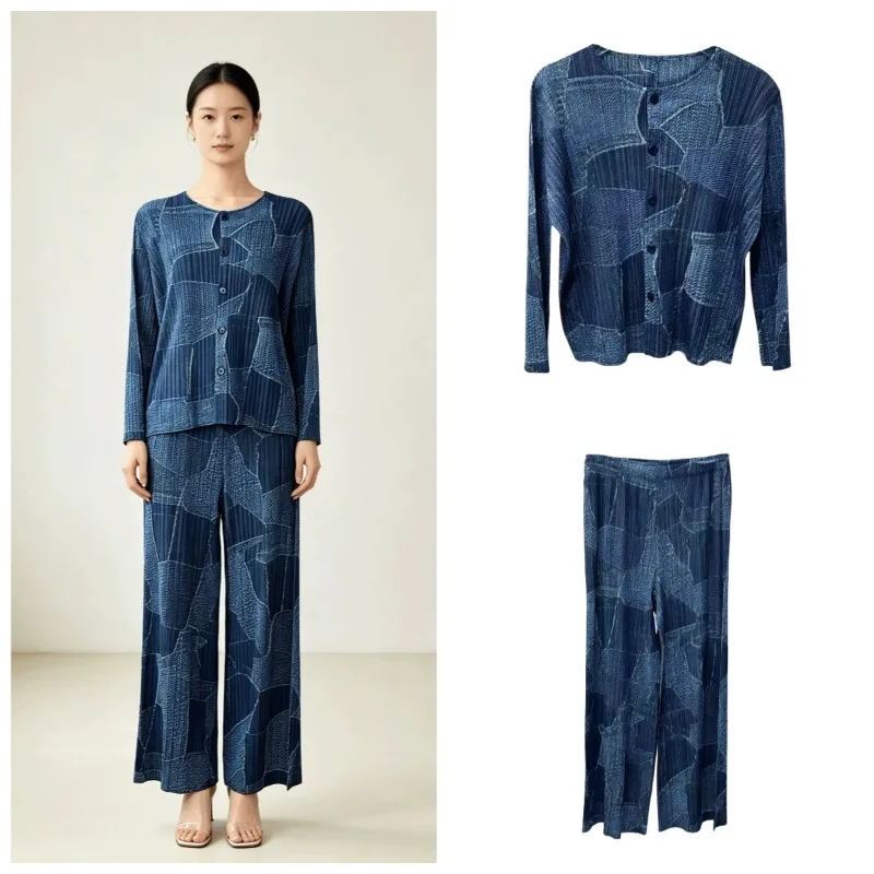 

Miyake Geometric Print Pleated Pants Set Women 2026 Summer Round Neck Single-Breasted Long Sleeve Cardigan Draped Wide-Leg Pants