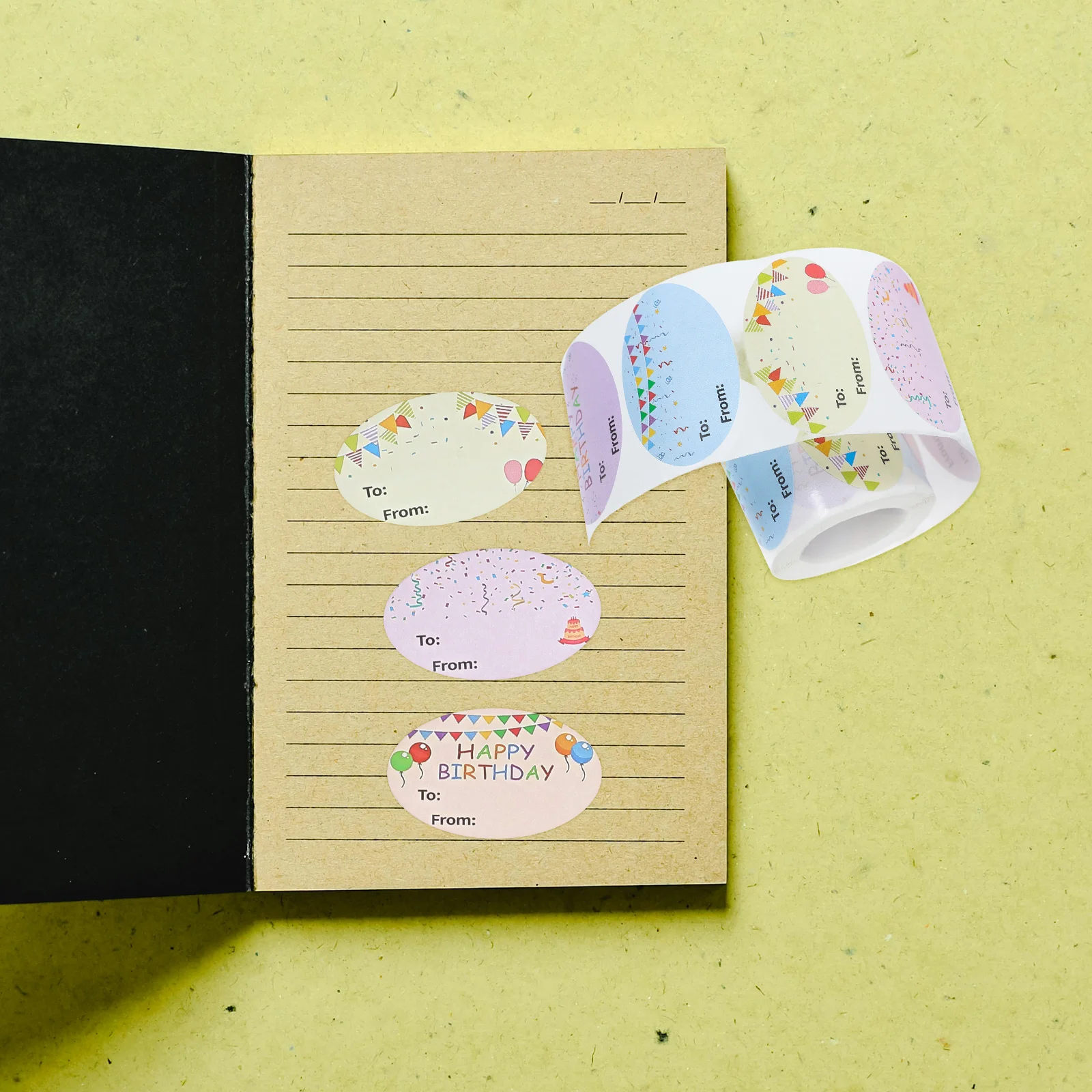 

Happy Birthday Stickers Celebration Round Cards with Presents Badge Decal Tag Bubble Ribbon Paper