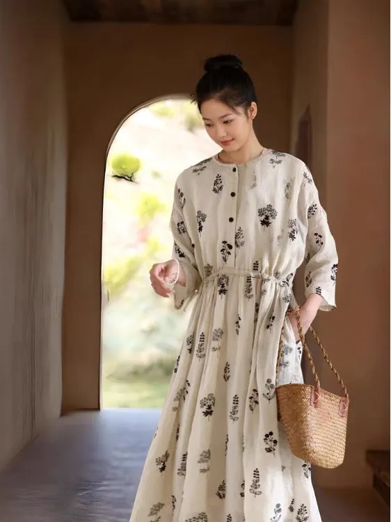 Jupe mi-longue trapèze en coton et lin pour femmes, ample, motif Floral, saison de printemps, tissu imprimé Ne rond, moyen Thi Seven Sve