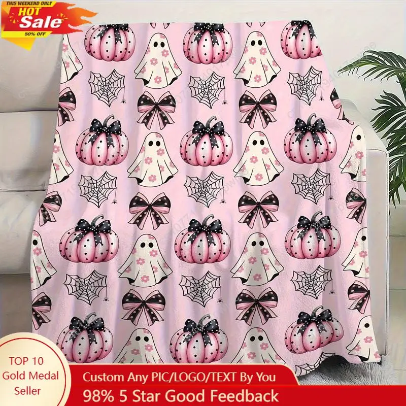 

Halloween Blanket - Pink Pumpkin, Ghost, Spider Web - Soft Pink And Black Embellishments - Four Seasons Indoor Custom Blankets