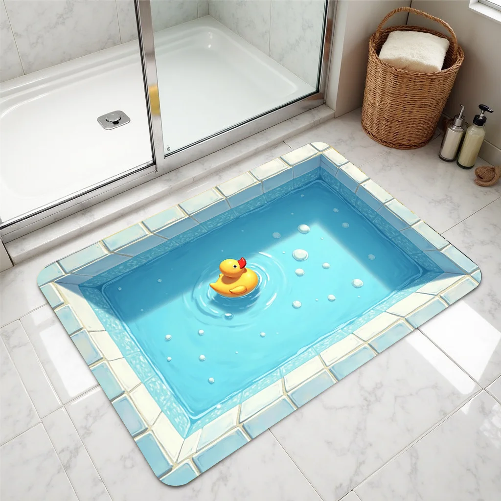 A Polyester Bath Mat Featuring a Small Yellow Duck Floating in a Blue Pool Design, 1cm+450g/m², Available in Multiple Sizes. S