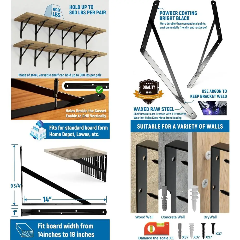 

14 сверхмощных настенных кронштейнов для гаражных полок, черные, вмещает до 800 фунтов