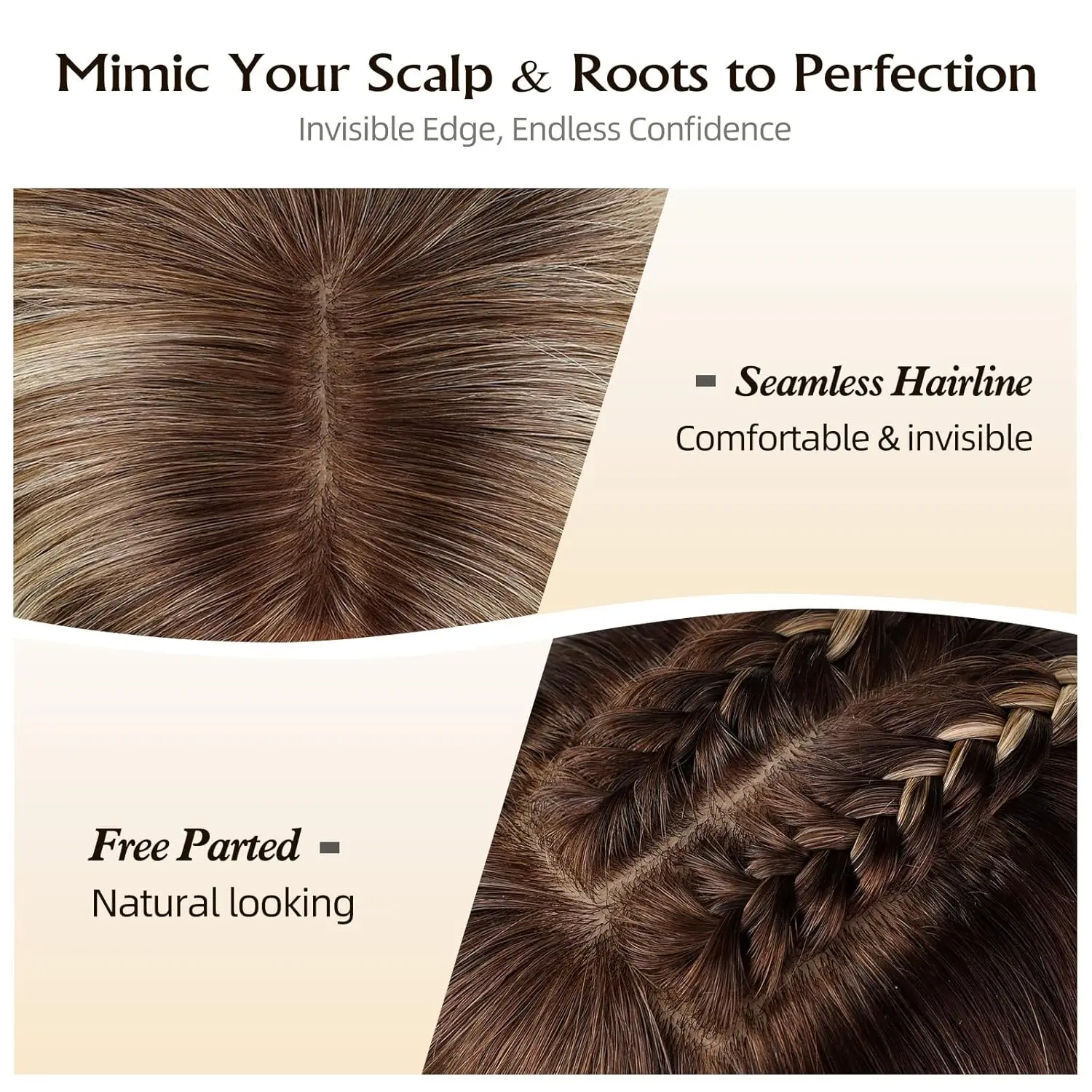 Ombre Brown Mixed Blonde Human Hair Toppers for Women 9'×9' Large-area Base 16 Inches Hairpieces with Multiple Non-slip Clips