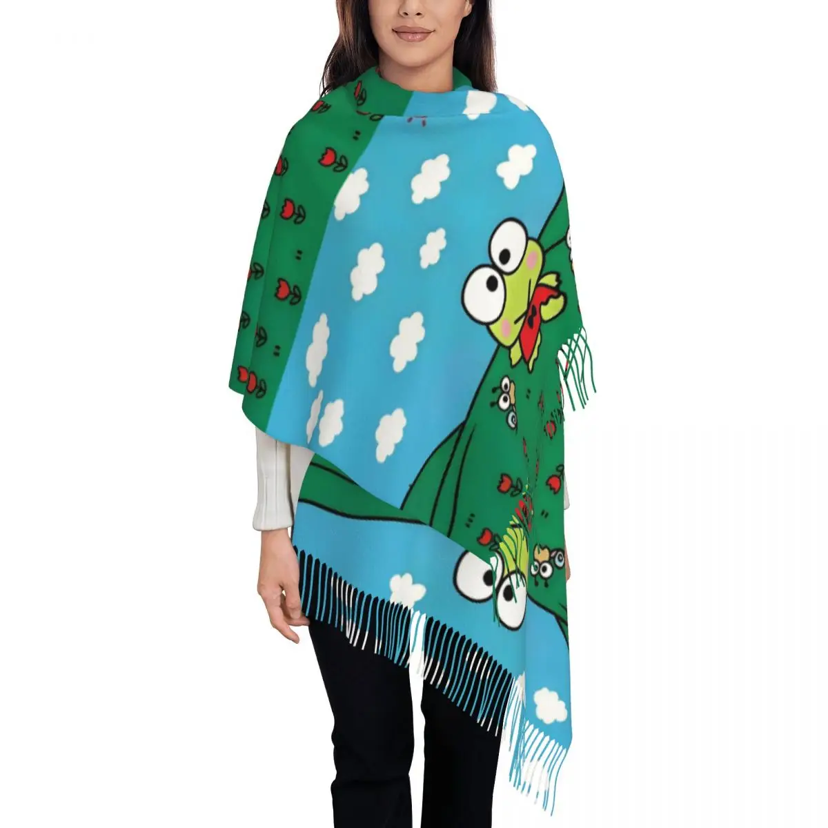 

Модный шарф с кисточками в стиле аниме Sanrio Keroppi на заказ, женские зимние теплые шали, женские шарфы с рисунком лягушки Kawaii