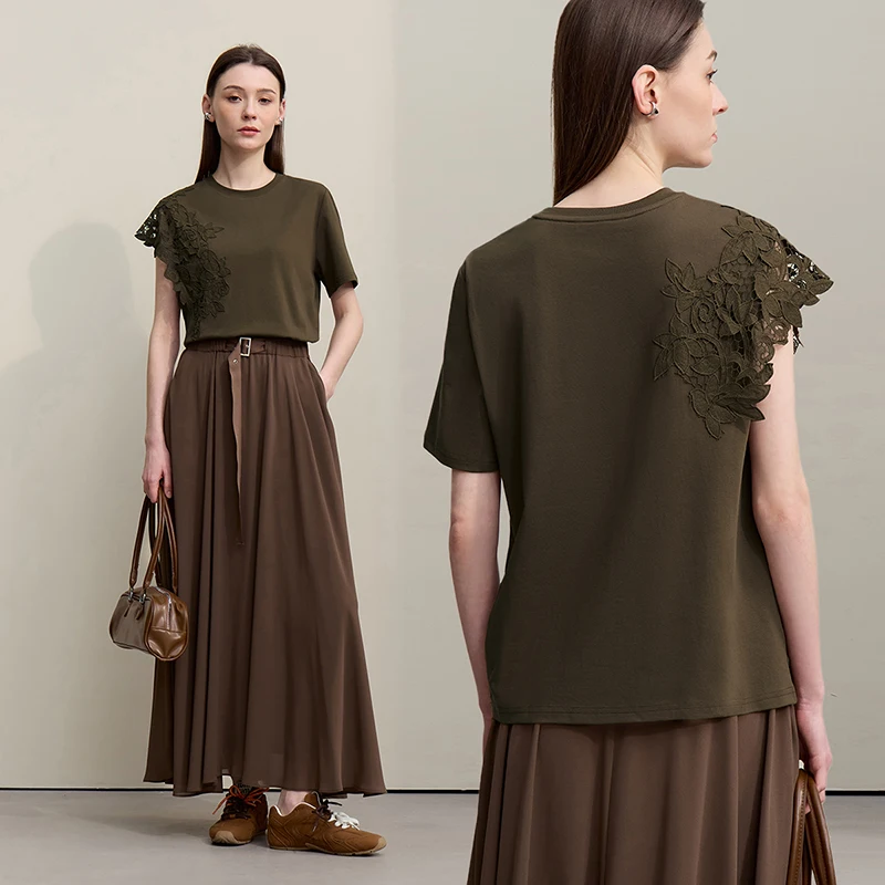 Amii T-shirt 2026 Summer New O-Neck Moisture-Wicking Cotton Tee Asymmetric Lace Loose Short Sleeve T-shirts For Women 12642023 view 2