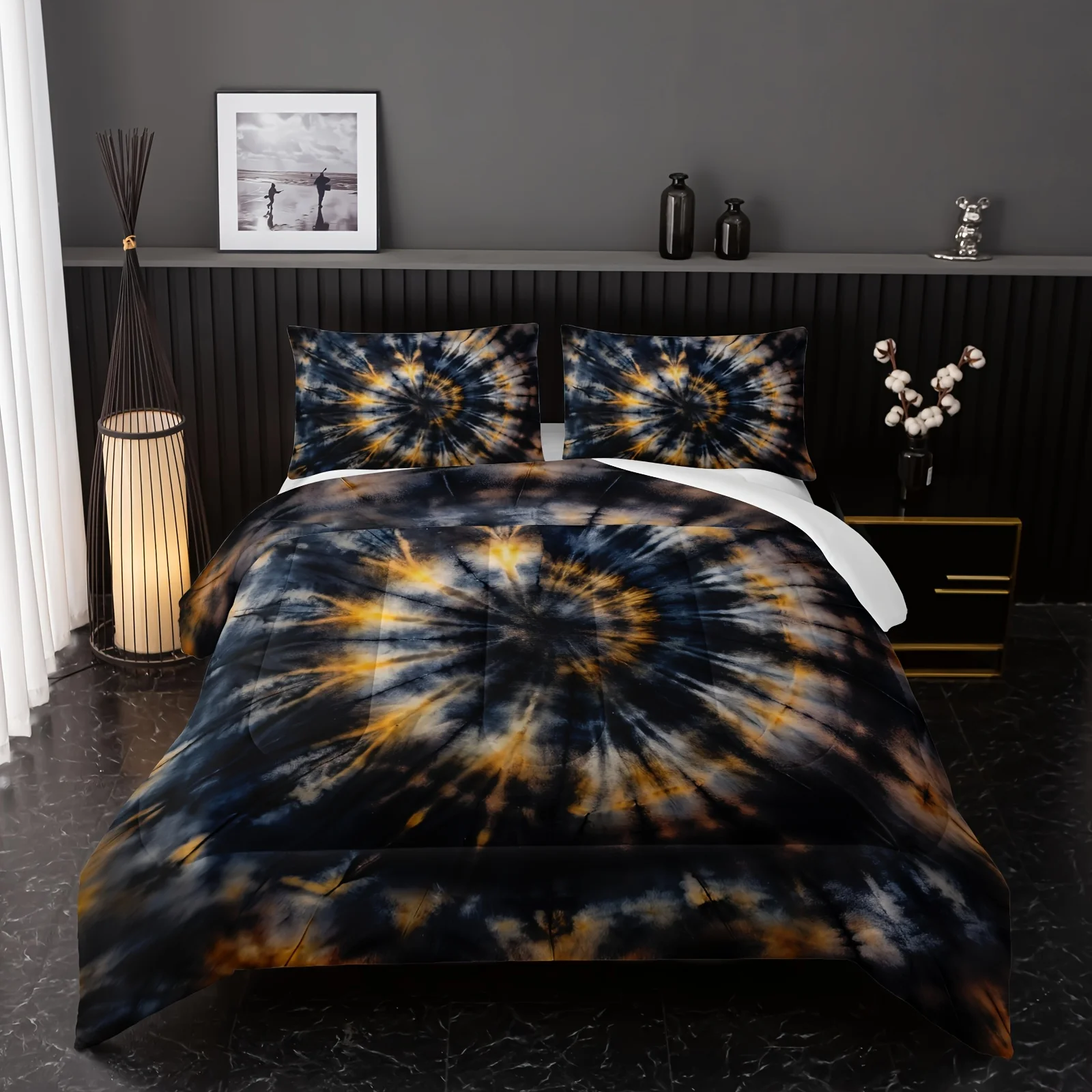 

Dark Tie Dye Bedding Sets, Yellow Fission Graffiti Bedding Set for Your Room, Abstract Soft Lightweight Duvet Cover Set